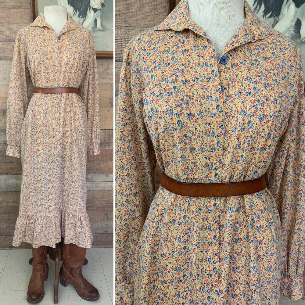 Vintage 1970’s Floral Prairie Dress Sz Medium Boho Ruffle Pockets Maxi Cottage
